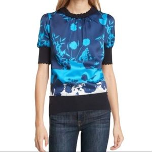 Ted Baker Mehino Bluebell Floral Satin Knit Crewneck Blouse Top